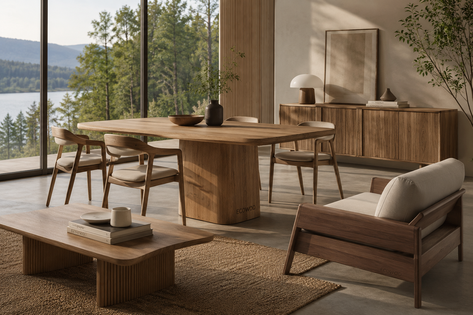 ECOWOD Architectural Wood Living — Scandinavian interior with walnut dining table and lounge furniture